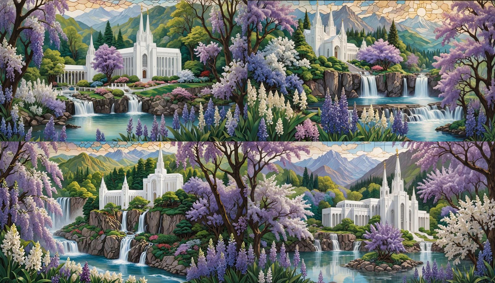 Temple Waterfall Scene in Stained Glass Style