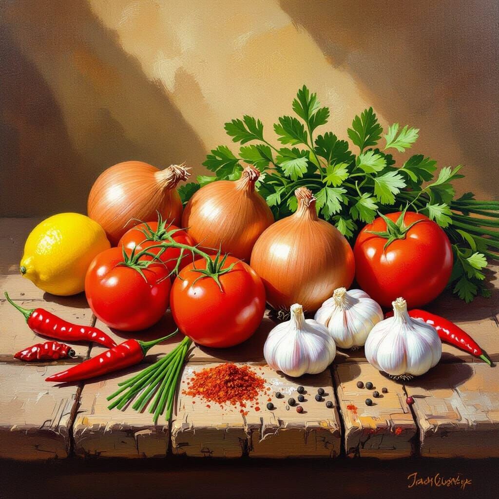 Vibrant Impressionist Oil Painting of Garden Vegetables