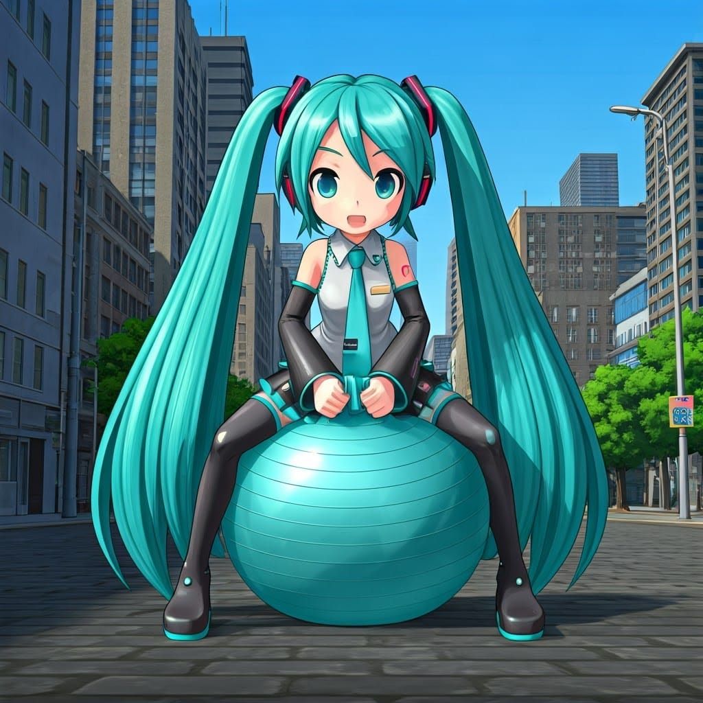 Hatsune Miku in Vibrant Urban Scene with Exercise Ball