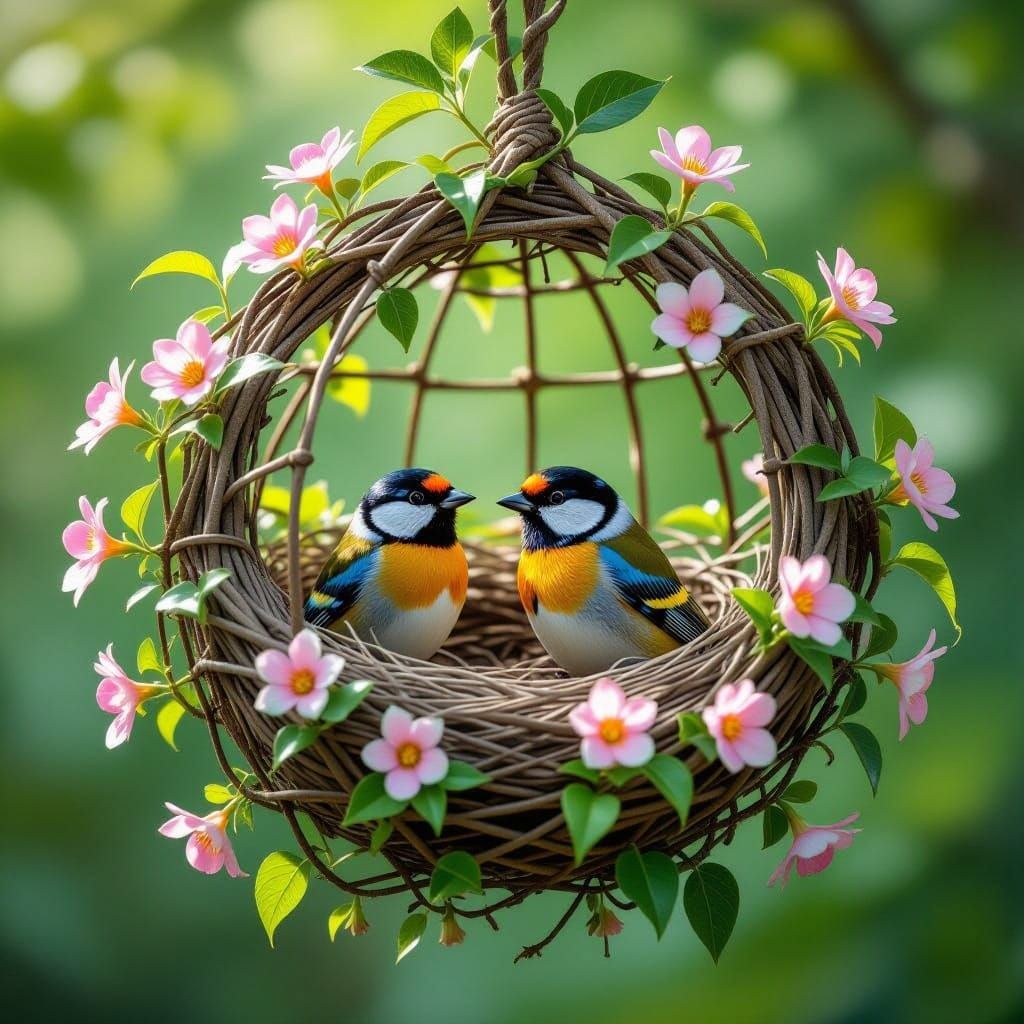 Living Vine Cage With Birds in Hyper-Realistic Style