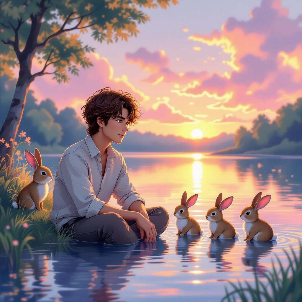 Young Man with Rabbits by Lake at Sunset
