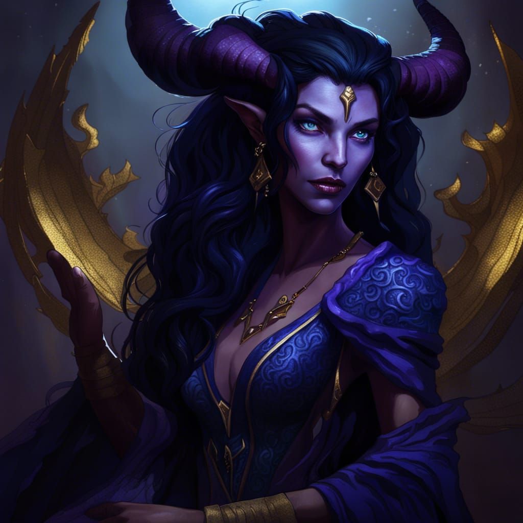 Blue Tiefling Queen in Detailed Fantasy Art