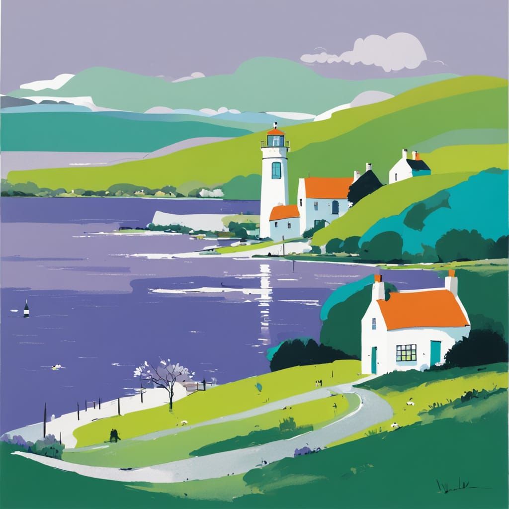 Idyllic Village, Lighthouse, and Lavender Bay with Sheep