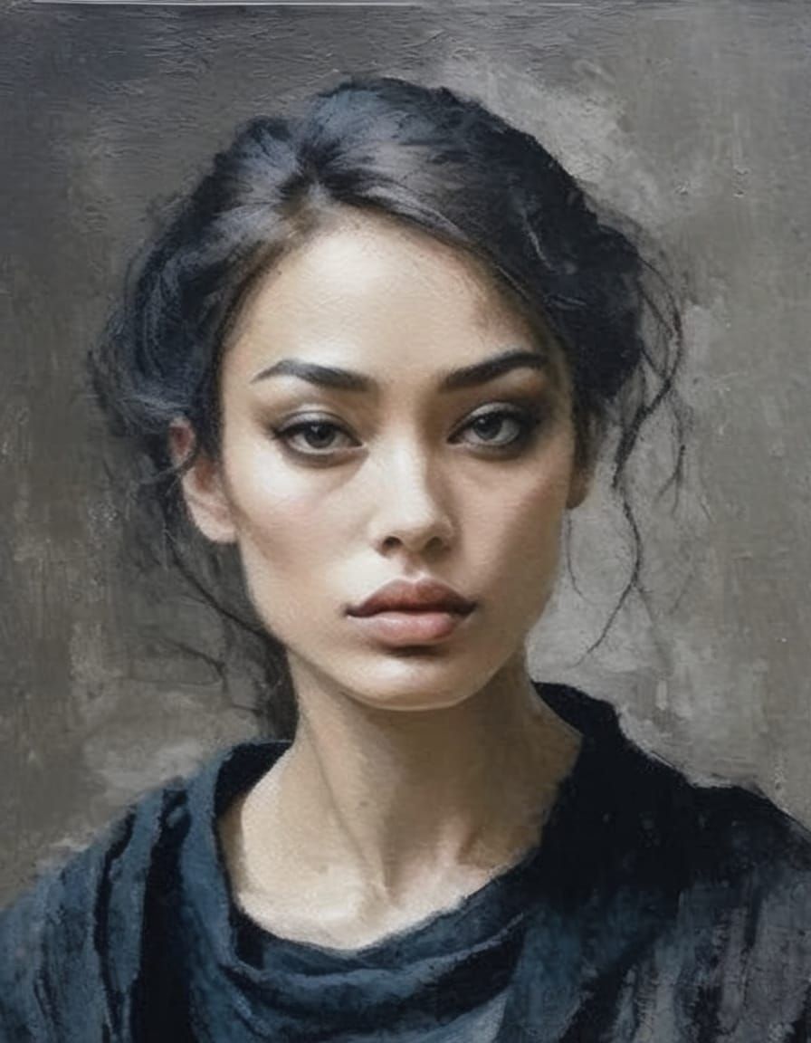 Goth Girl Portrait in High Contrast Impasto Style