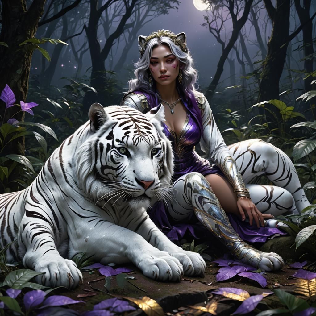 Glitter White Tiger Woman Hybrid in Dark Fantasy Art