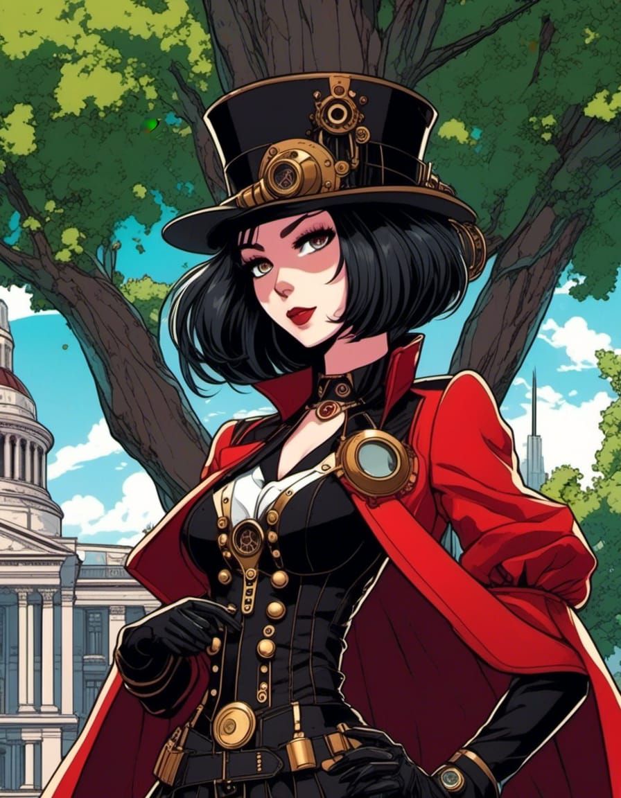 comic Anime Treetop Aerial view of female Goth Steampunk in city square park. Red, brass with black <lora:Gridimation:1....