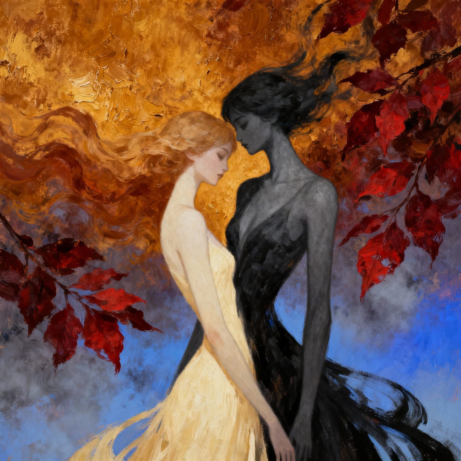 Figures Merging Amidst Autumn Leaves