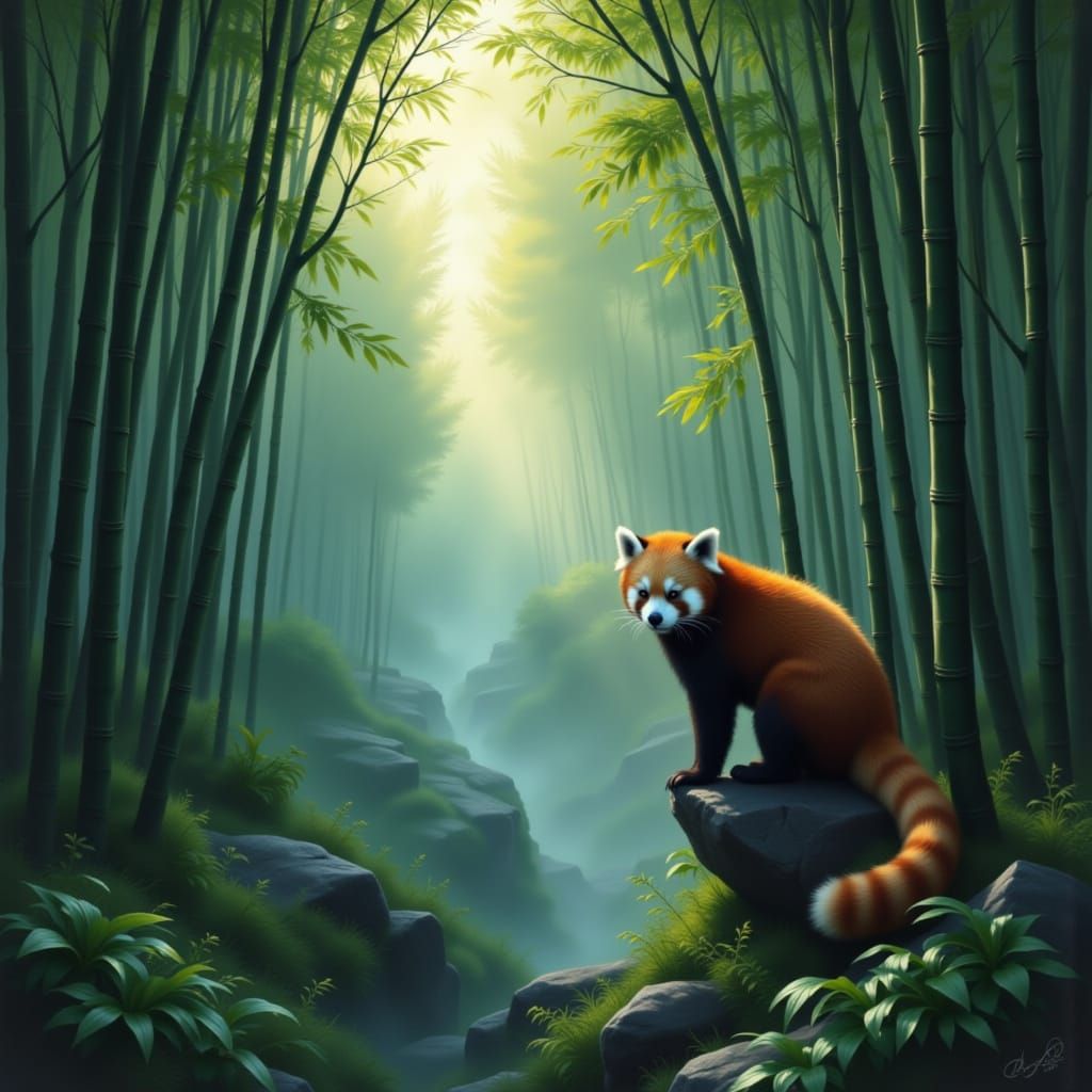 Red Panda in Misty Forest, Atmospheric Matte Painting