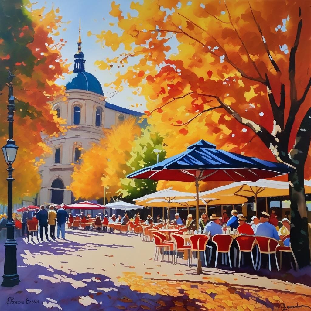 Street Cafe in October as Impasto Oil Painting