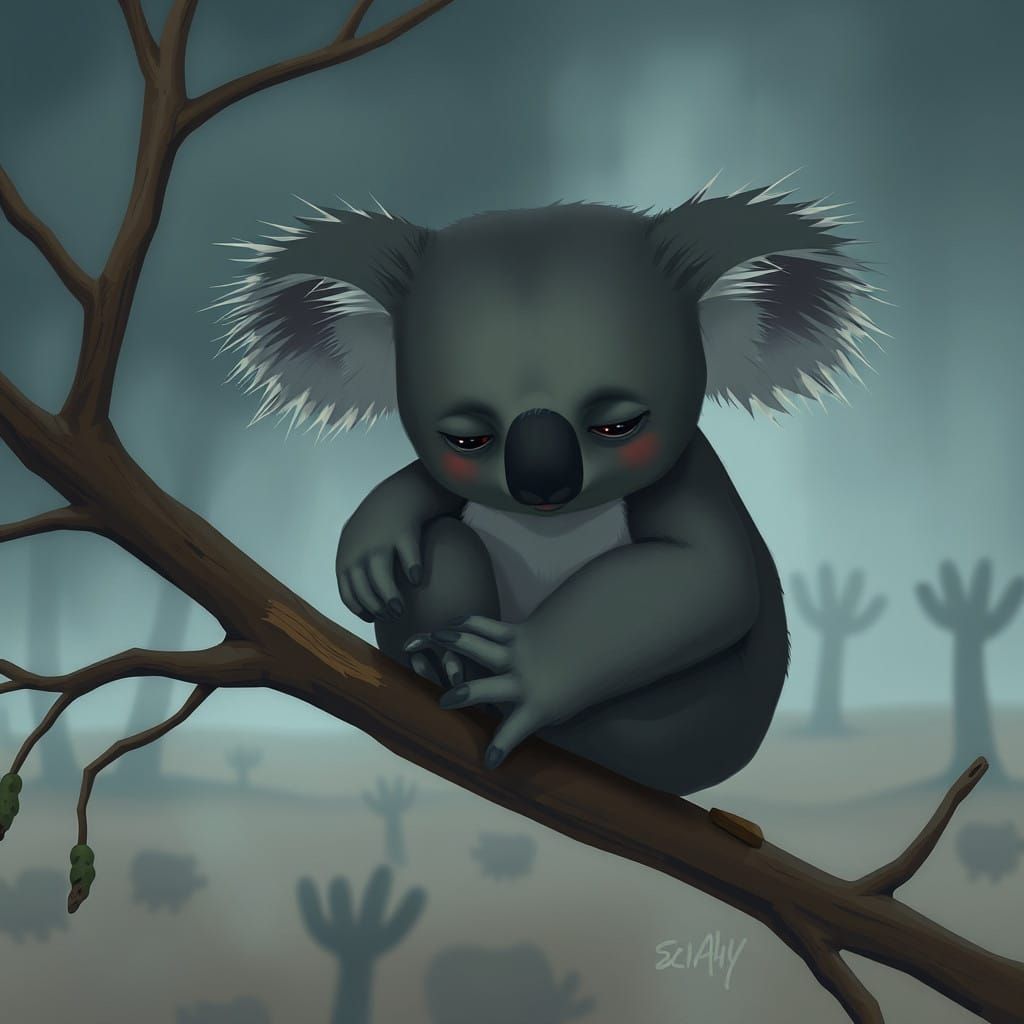 Melancholic Koala in Eucalyptus Dusk