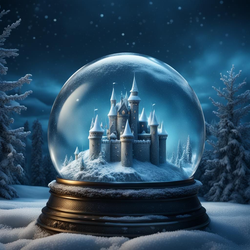 Icy Blue Castle in Winter Snow Globe
