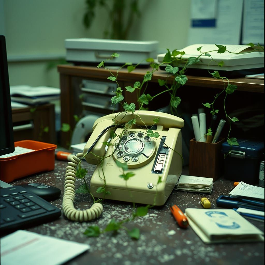 Medium shot. Vines creep out of a cracked phone, snaking across a dusty desk and intertwining with various office suppli...