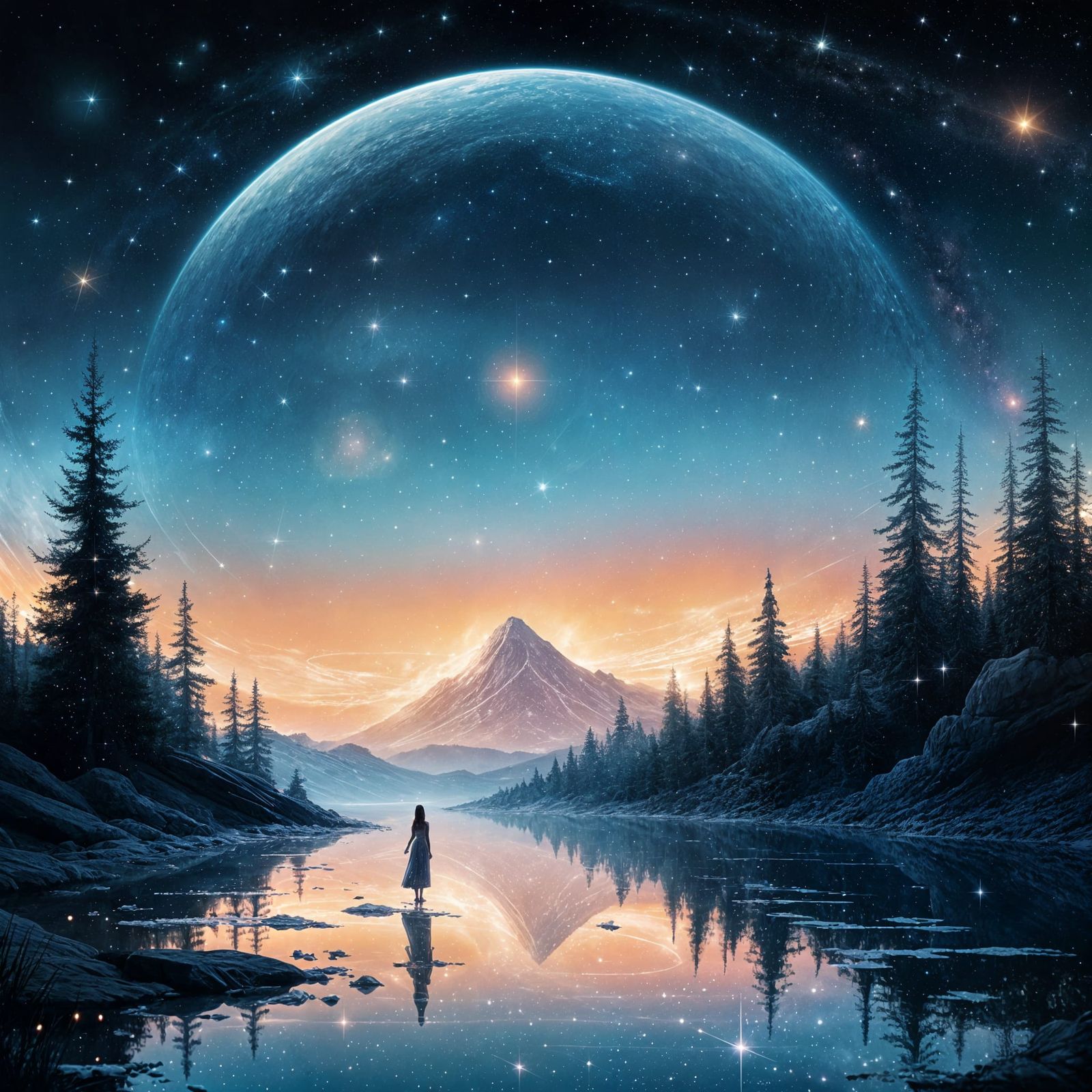 A Princess Under Starry Constellations in Ethereal Light