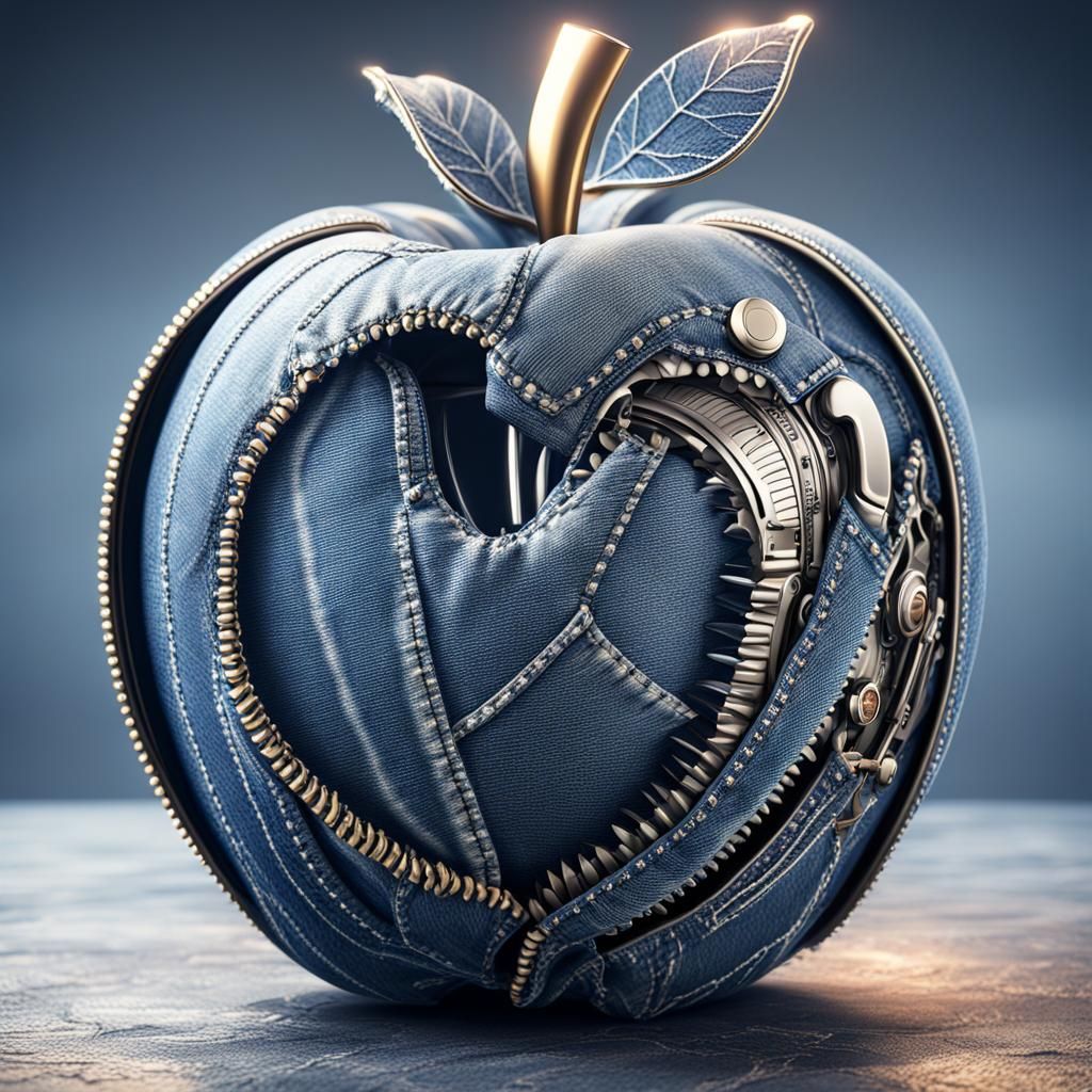 Stunning denim apple covered in denim, with a zipper, Breath...