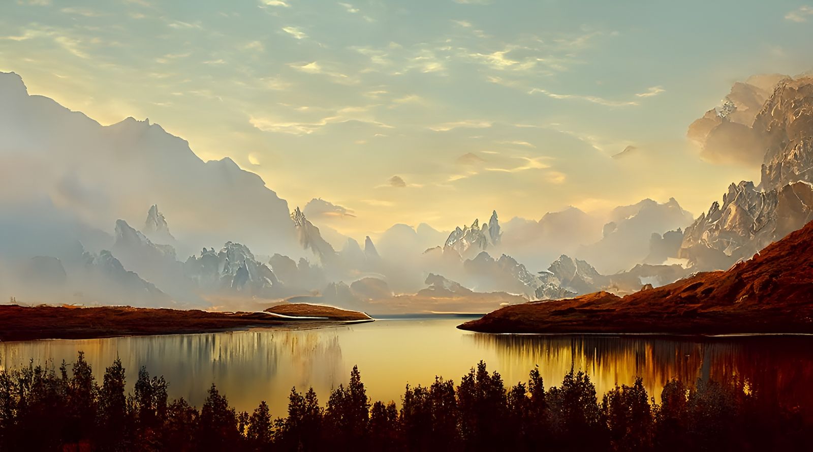 Mountain Lake Sunset Panorama: Digital Concept Art