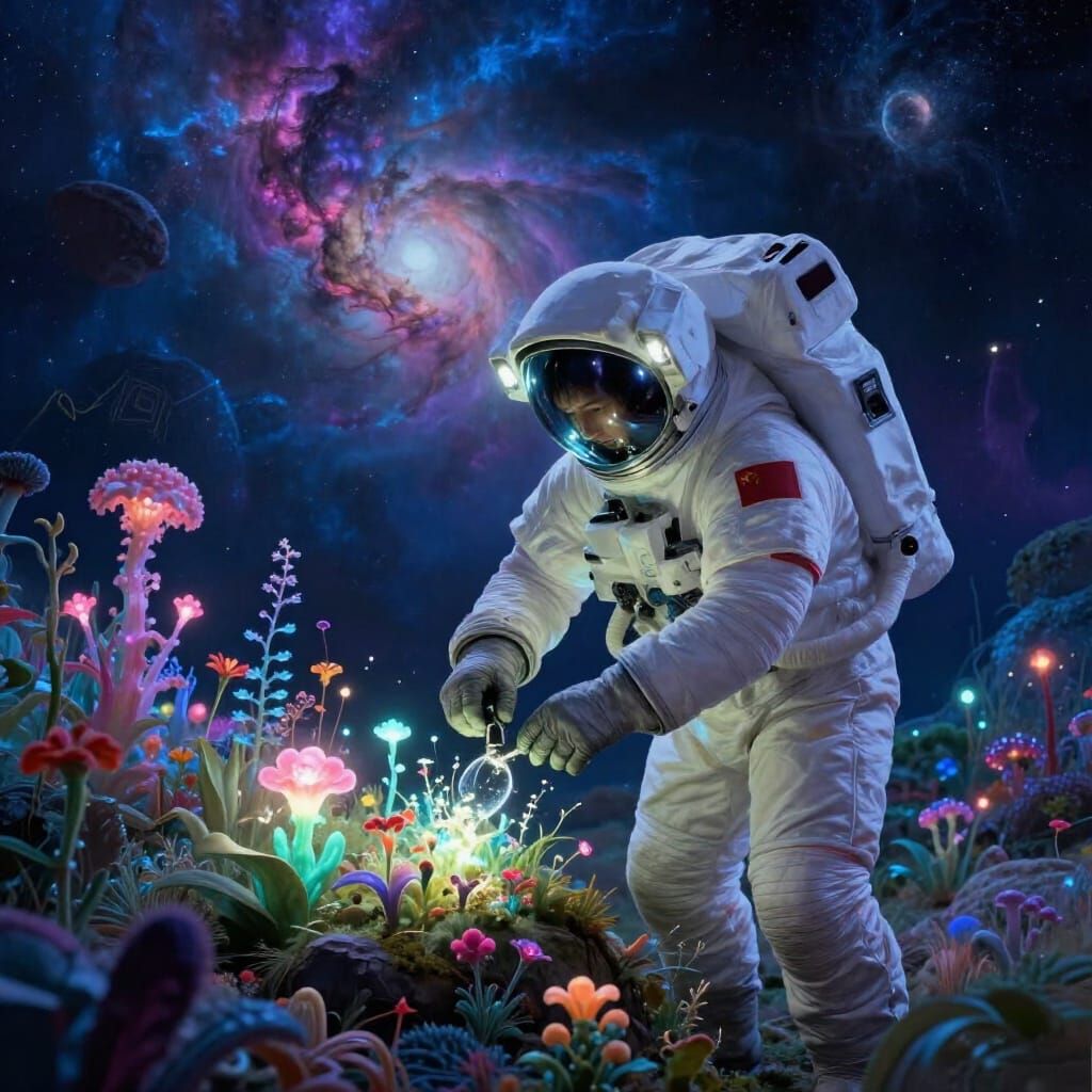 Astronaut Tends Alien Garden Under Nebula