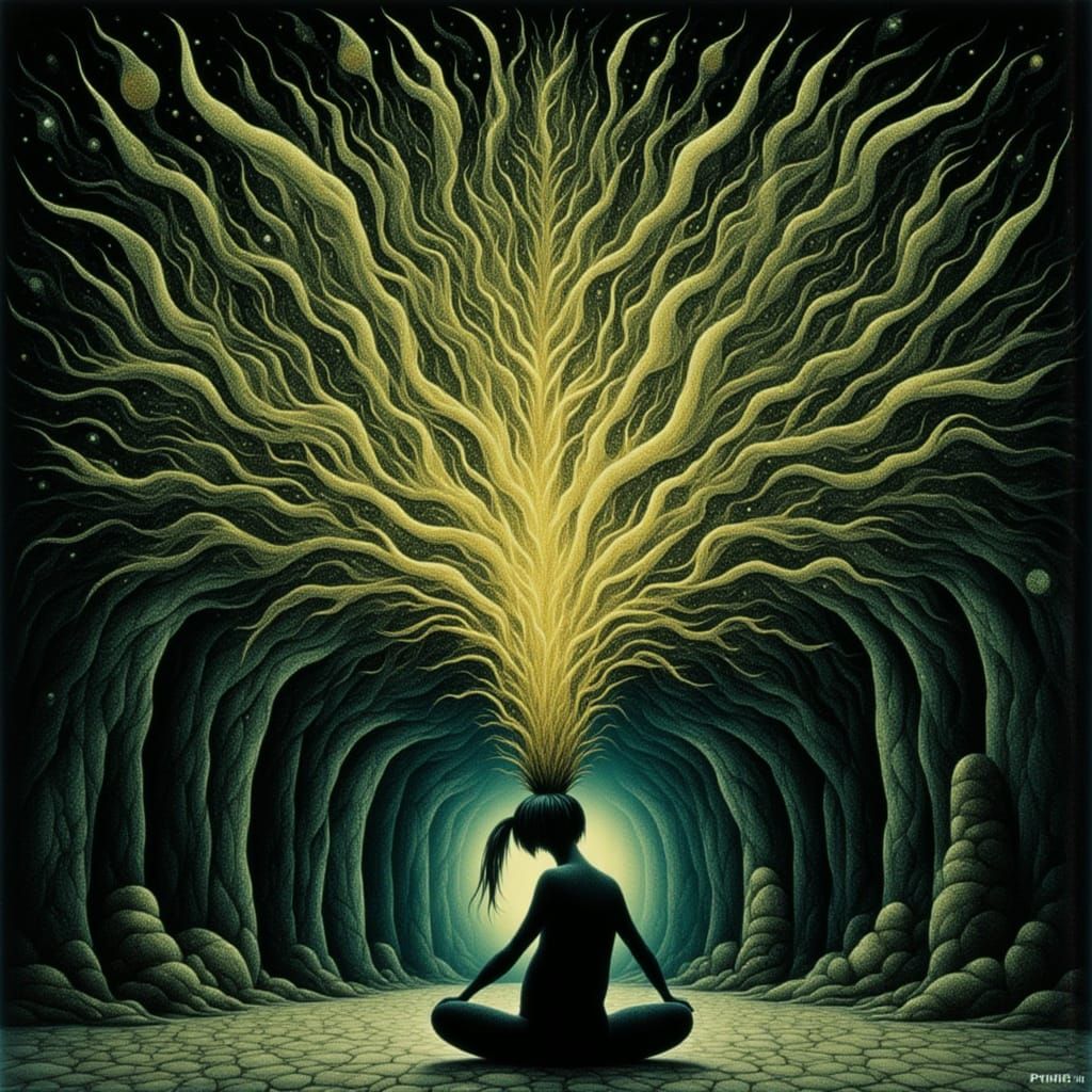 Distressed Figure Amidst Chaotic, Surreal Storm