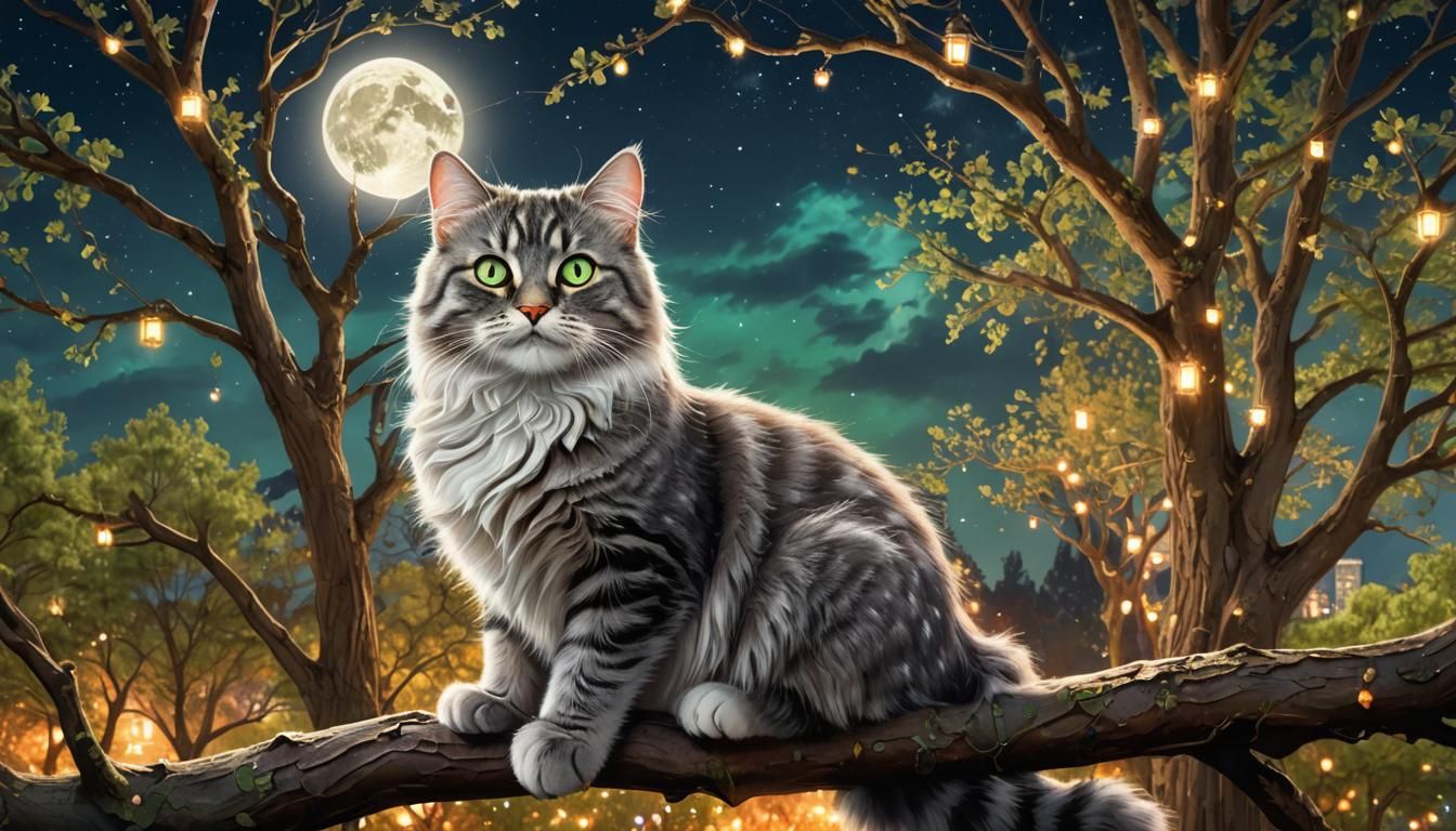 Silver Tabby Cat in Tree with Fairy Lights