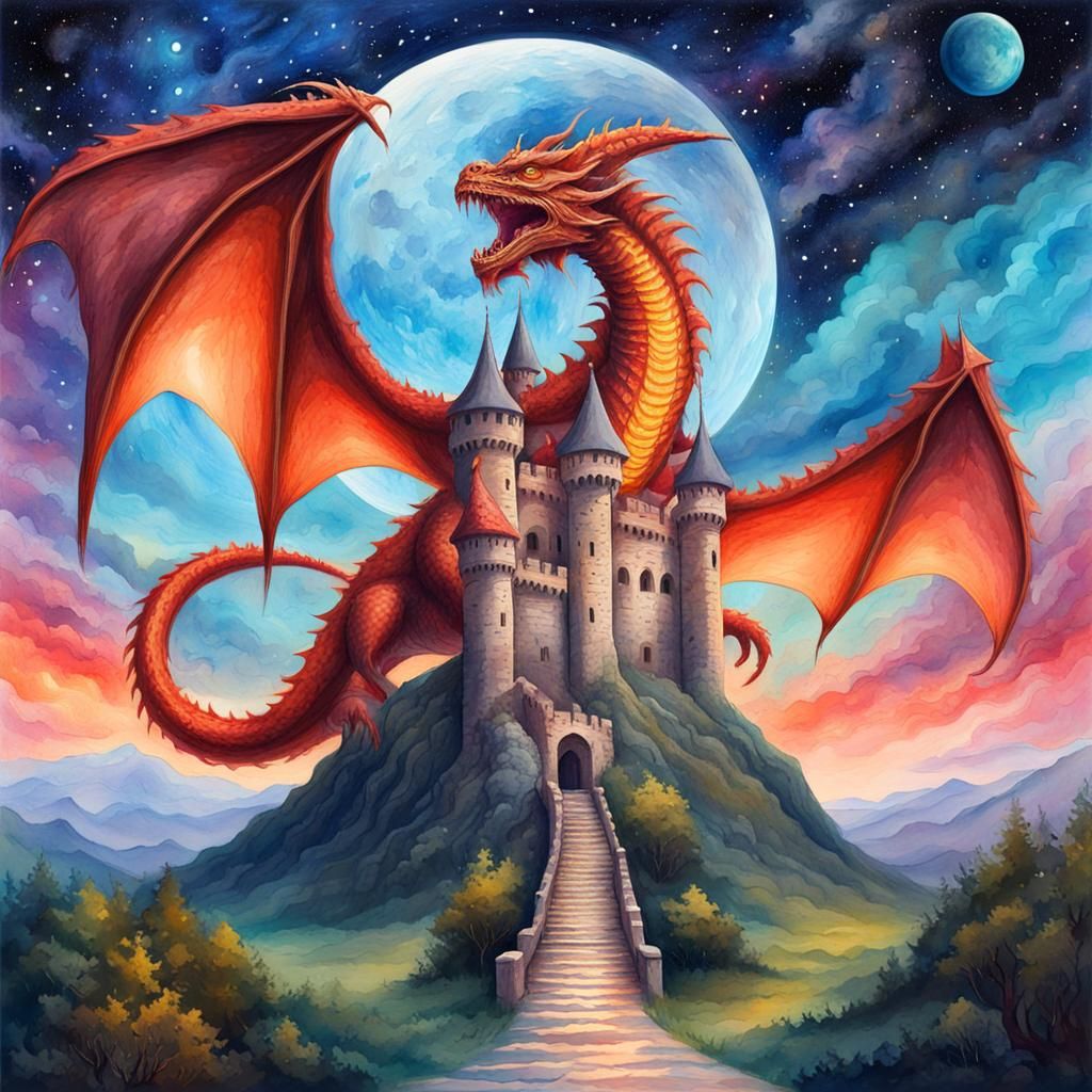 Medieval Castle and Dragon in Space, Gouache Style