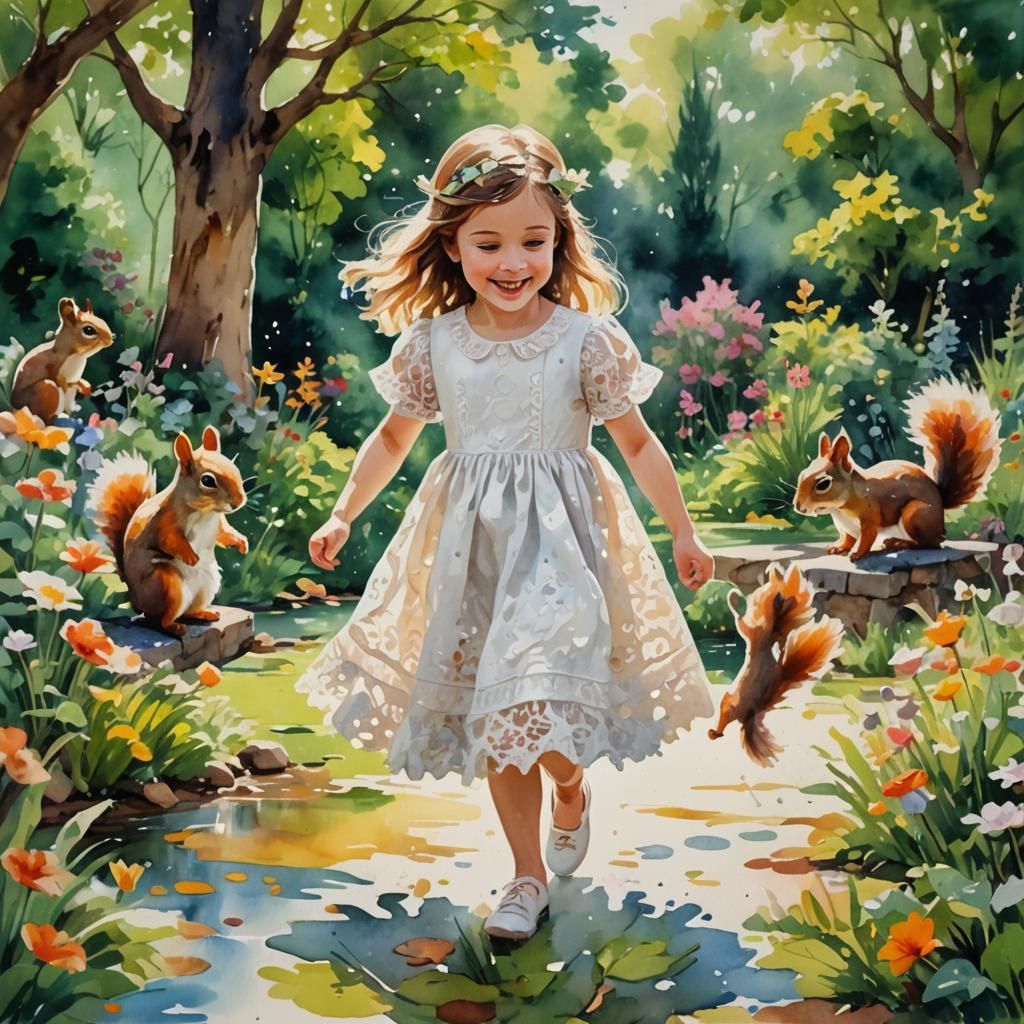 Happy Girl in Squirrel Garden: Gouache Watercolor Style