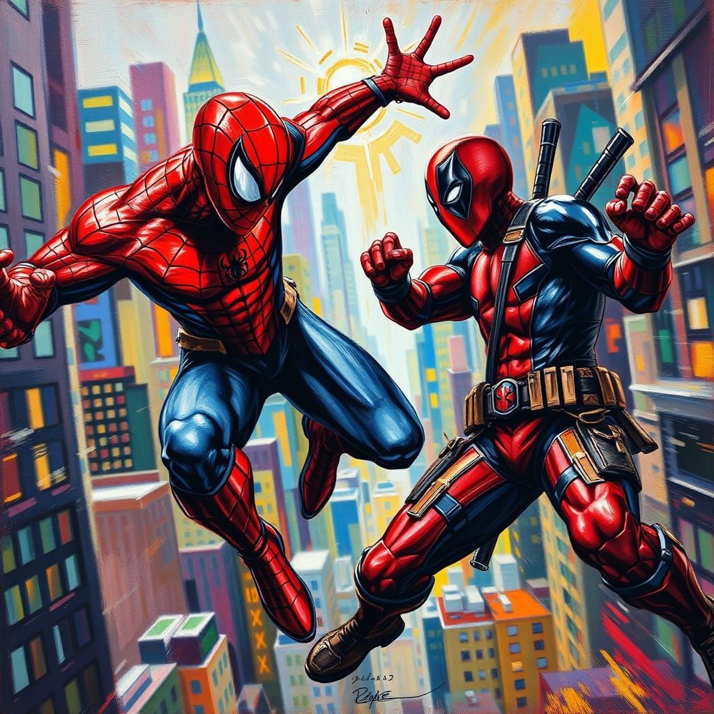 Spiderman and Deadpool Engage in a Neo-Impressionist Clash