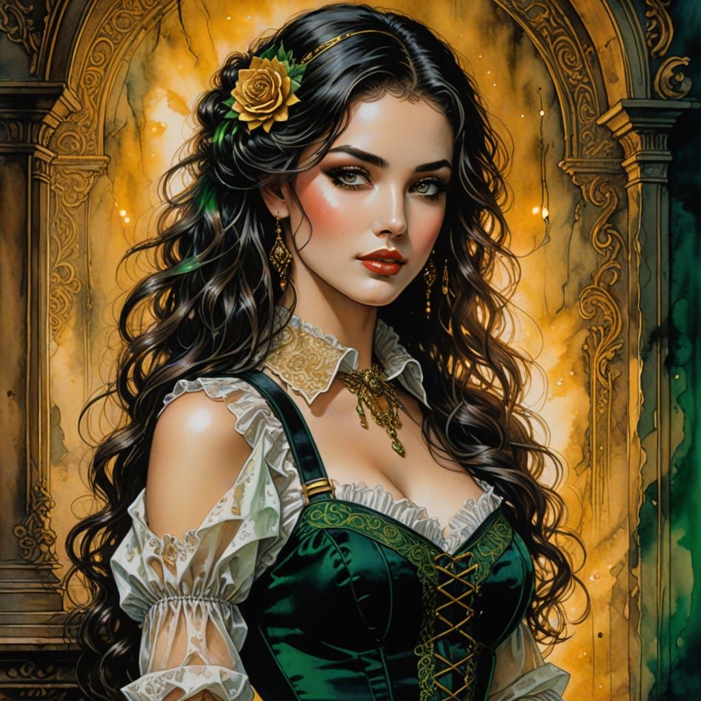 Dark Academia Portrait in Aquarelle Watercolor and Ink