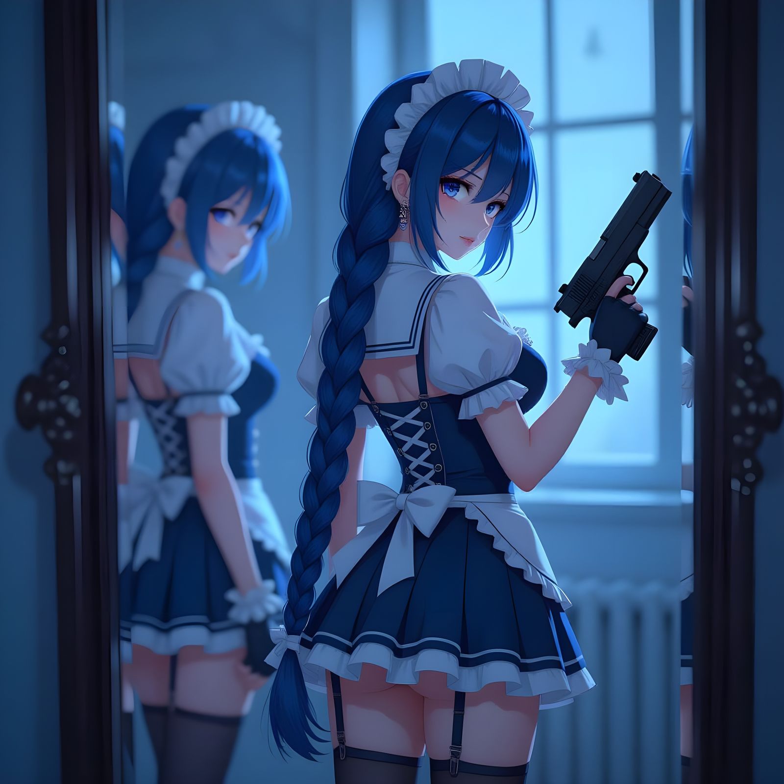 Blue-Haired Maid with Pistol in Moody 3D Anime Art