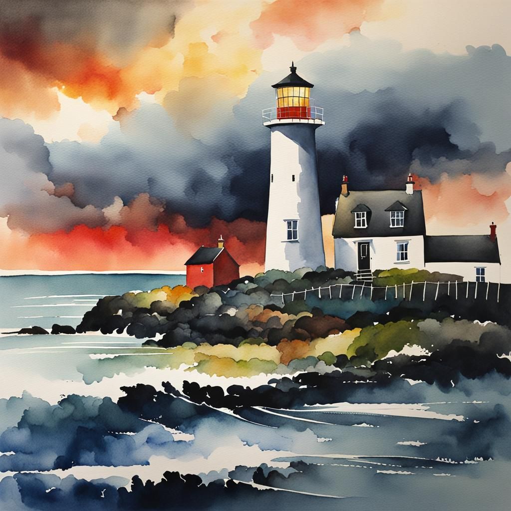 Abstract Watercolor Lighthouse on Stormy Coast