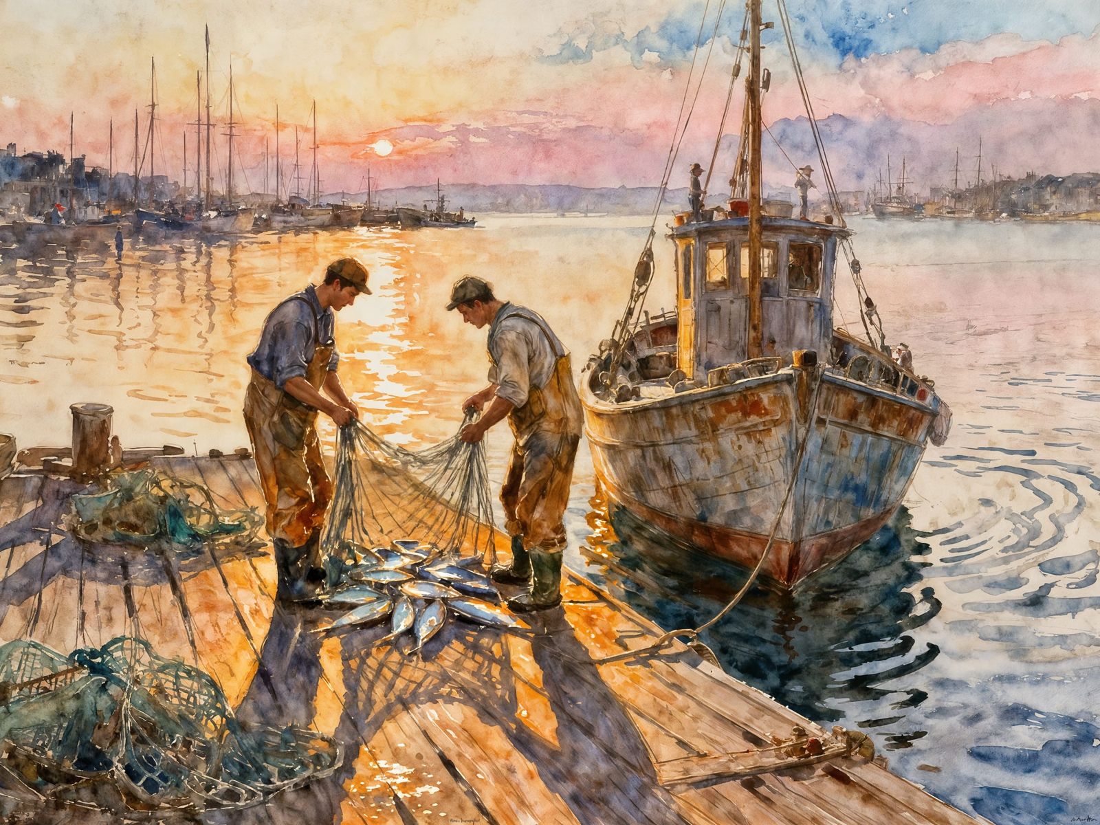 Fishermen Unloading Catch in Evening Harbor Impressionism