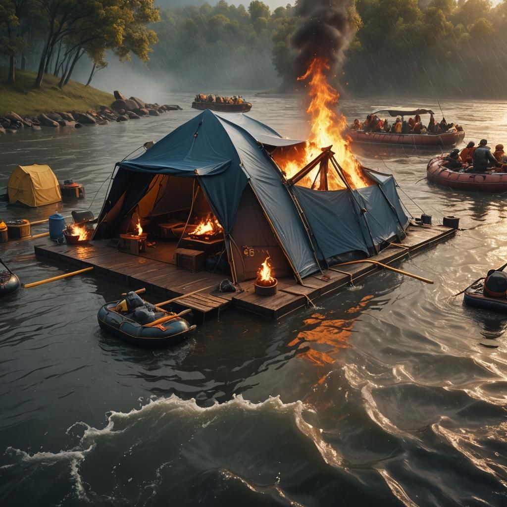River Raft Scene with Tent and Fire in Rain