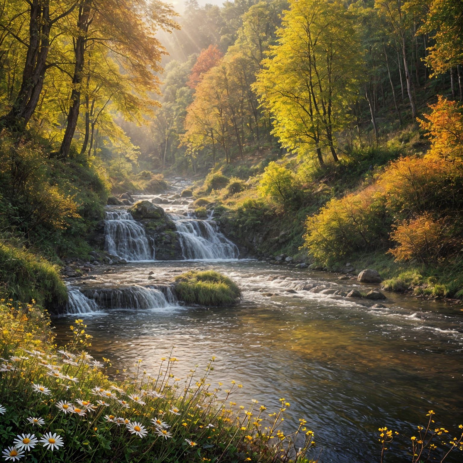 Autumn Forest Scene with Gentle Waterfall and Serene Lake