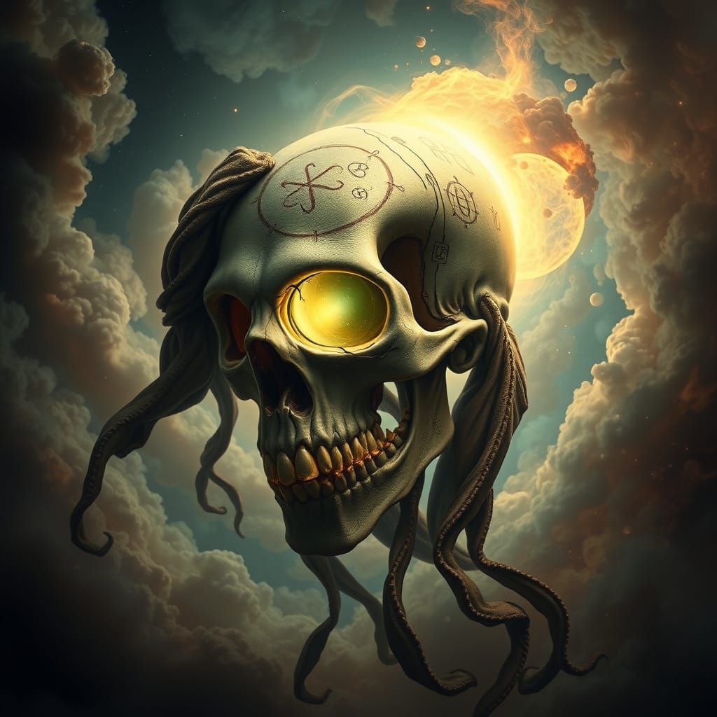 Ethereal Cyclops Skull Floating in Iridescent Nebula