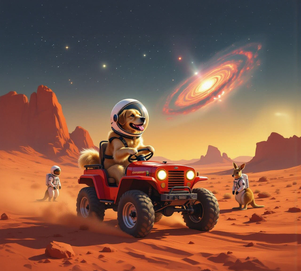 Dog Drives Rover on Mars Amidst Kangaroos