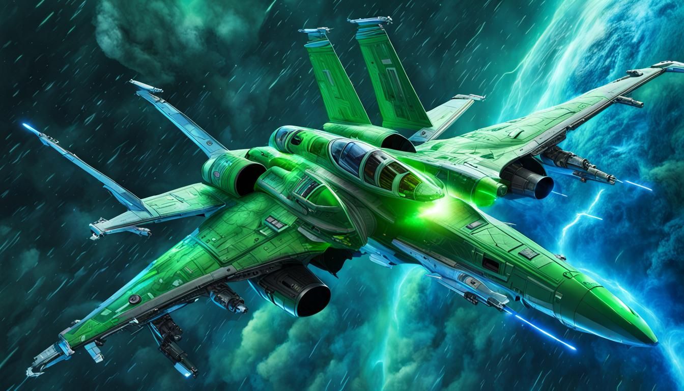 Green Starfighter Navigates Cosmic Ion Storm
