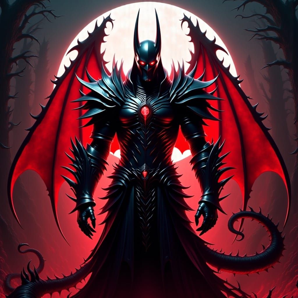 Demonic Knight in Red Armor Under Full Moon