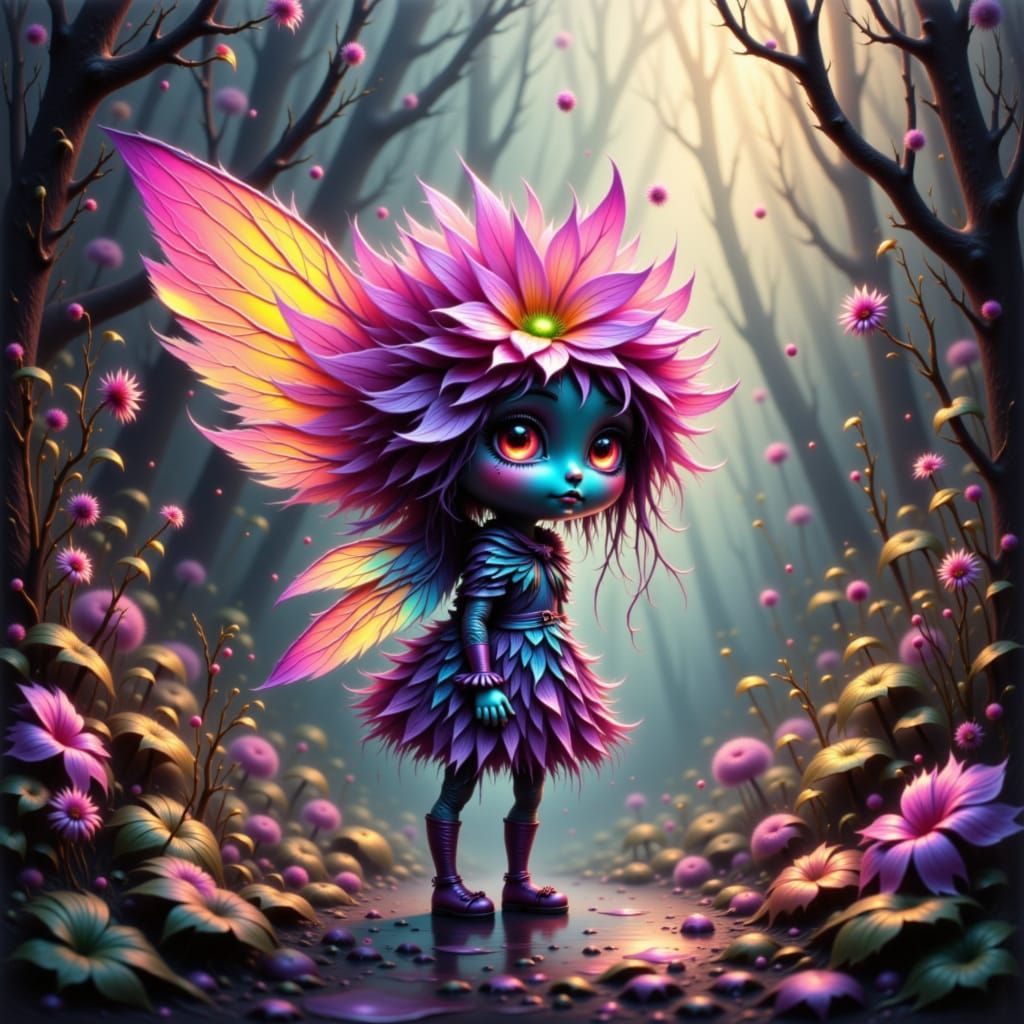 Cute Flower Creature in Bohemian Cyberpunk Fashion