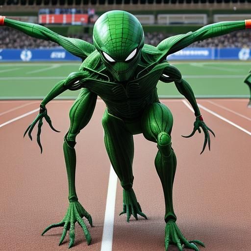 Green Alien Paralympian Jumps in Long Jump