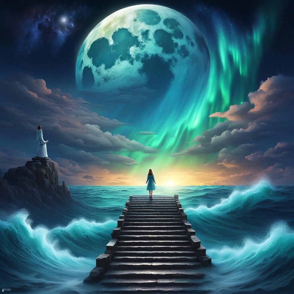 a staircase up to a beautiful big moon, an angel standing at the top of the staircase, ocean at the bottom of the stairc...
