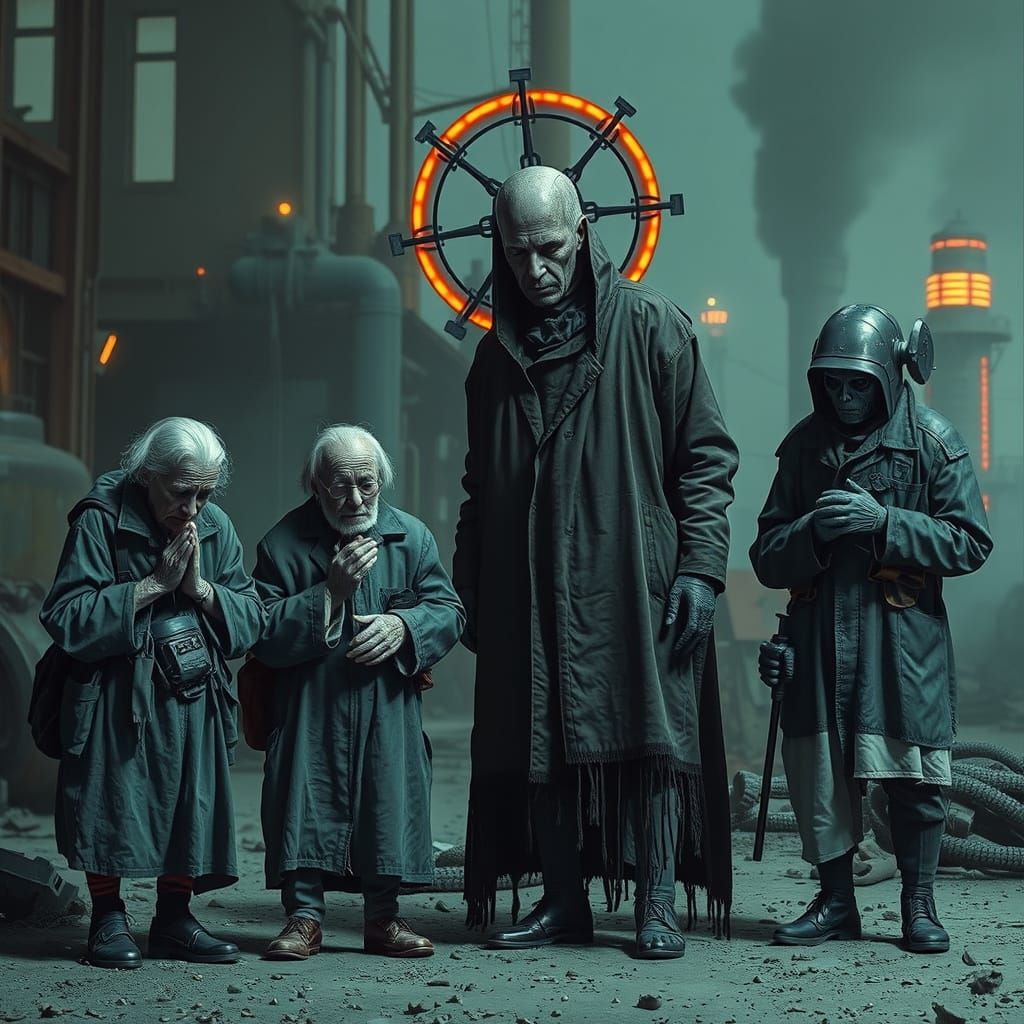 Dystopian Survivors Pray in Industrial Future Landscape