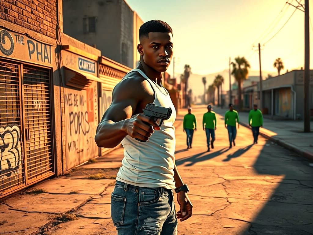 Young African-American Man Stands Vigilant in Los Angeles Ne...