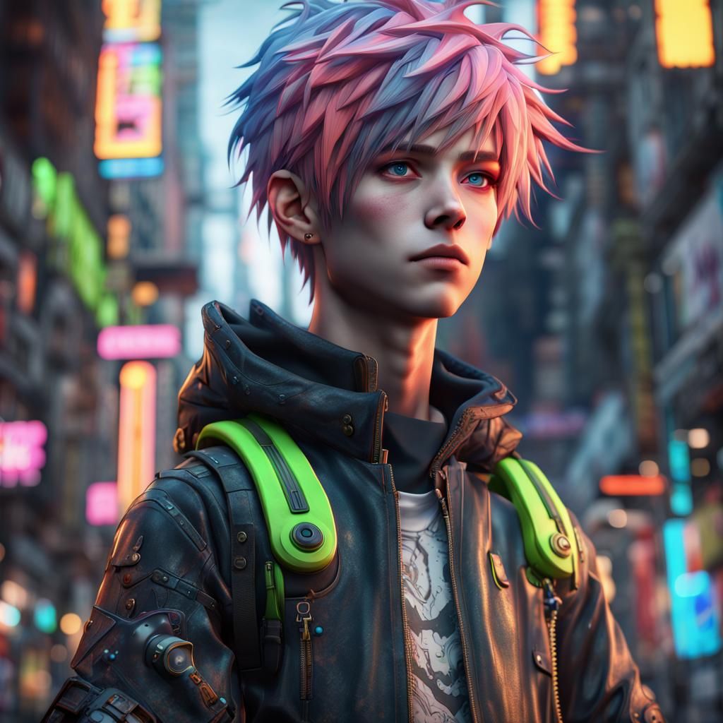 Anime Boy with Neon Hair, Photorealistic Digital Art
