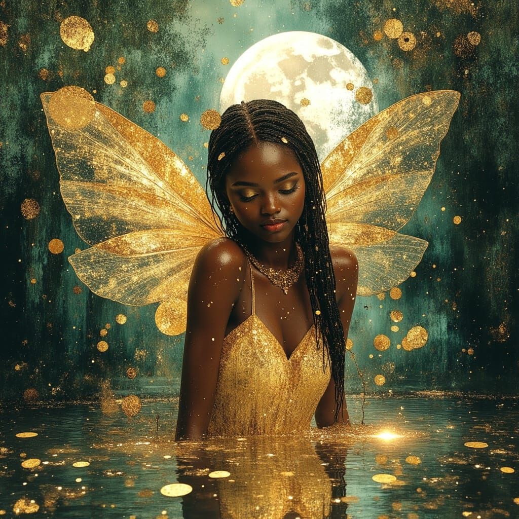 African Fairy Goddess Bathes in Moonlit Forest River
