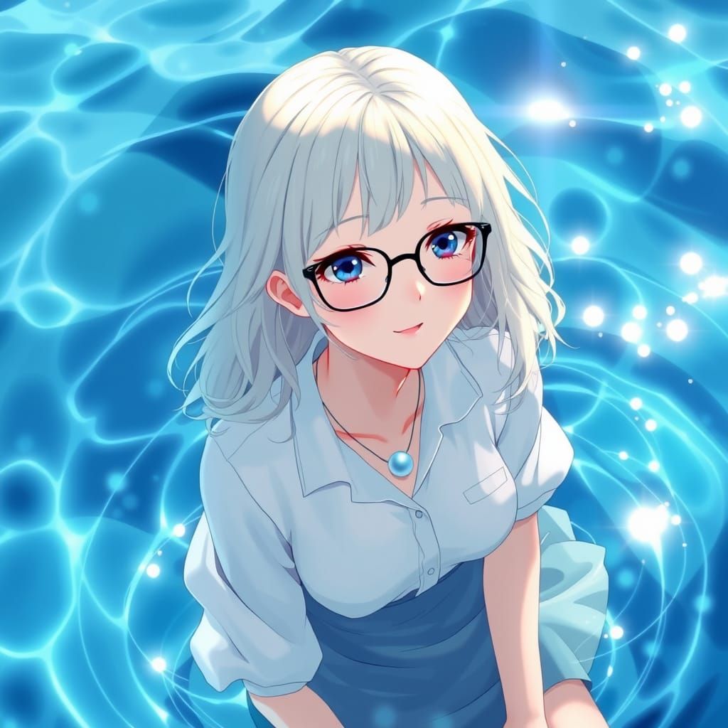 Serenely Seated Anime Goddess with Pearlescent Hair and Ocea...