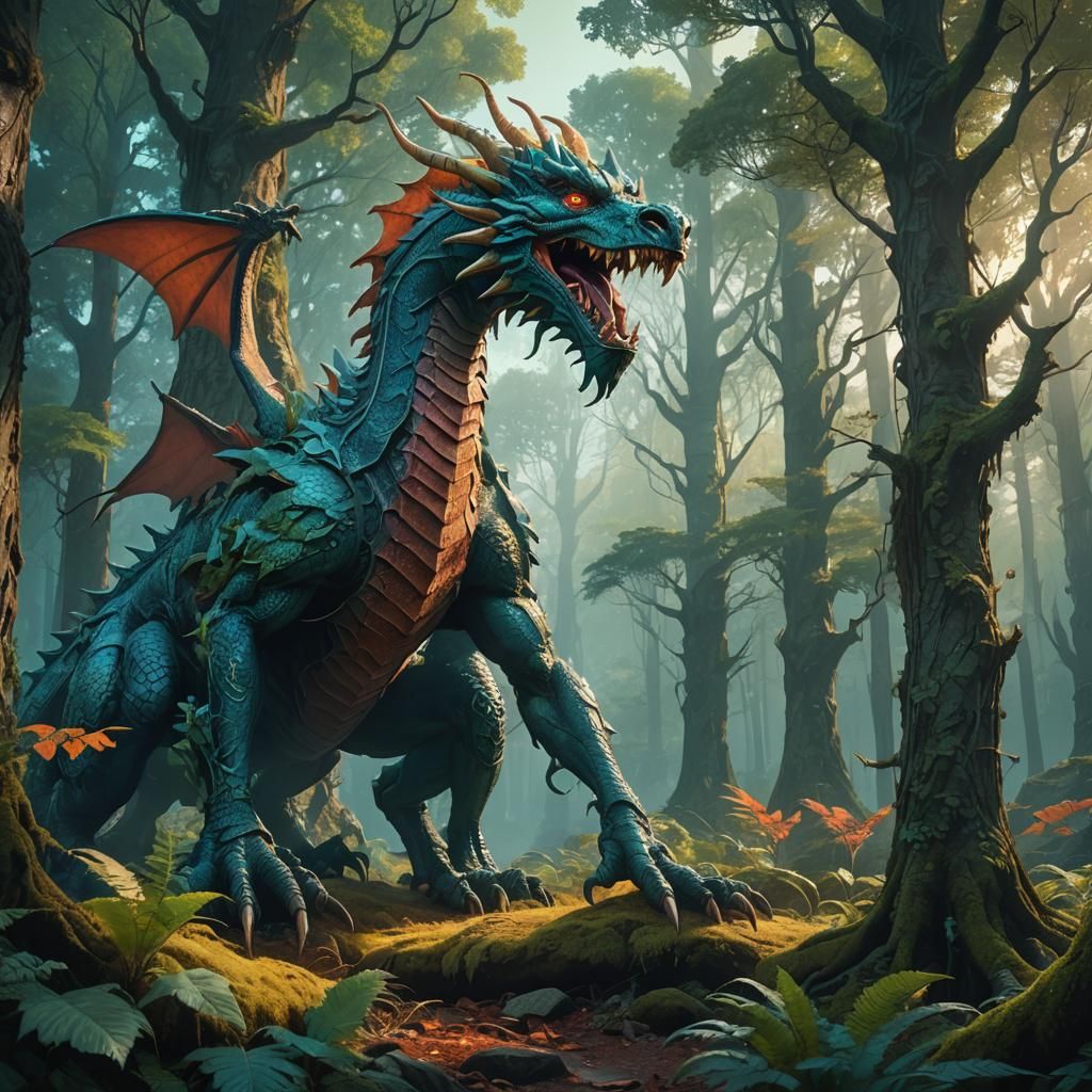 Mythical Dragon in Ancient Forest: Fantasy Concept Art