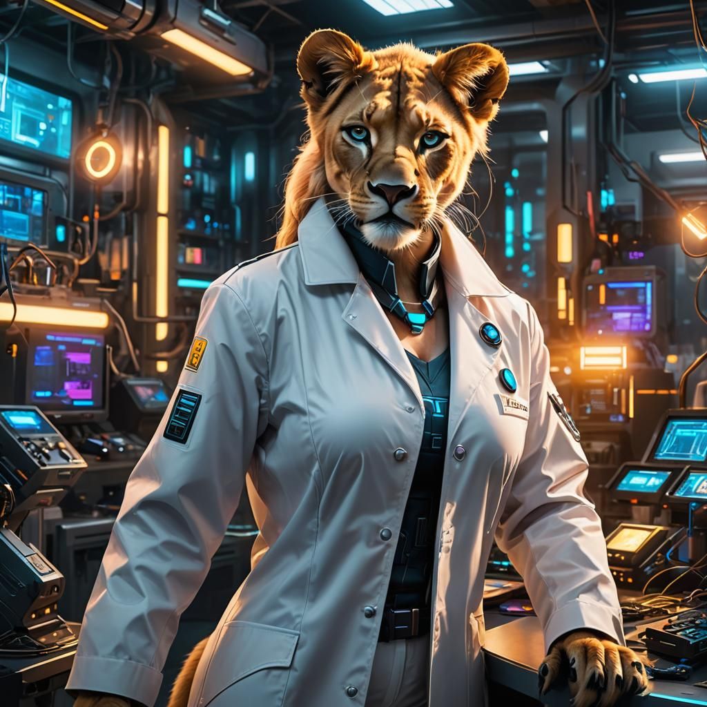 Cyberpunk Lioness Scientist in Futuristic Lab
