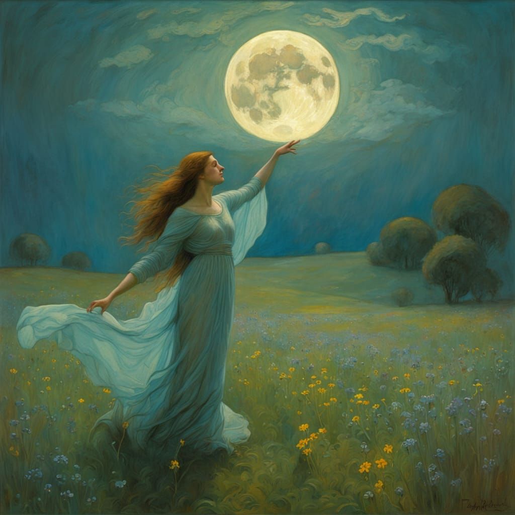 Moonlit Figures Dance in a Vibrant Meadow Landscape