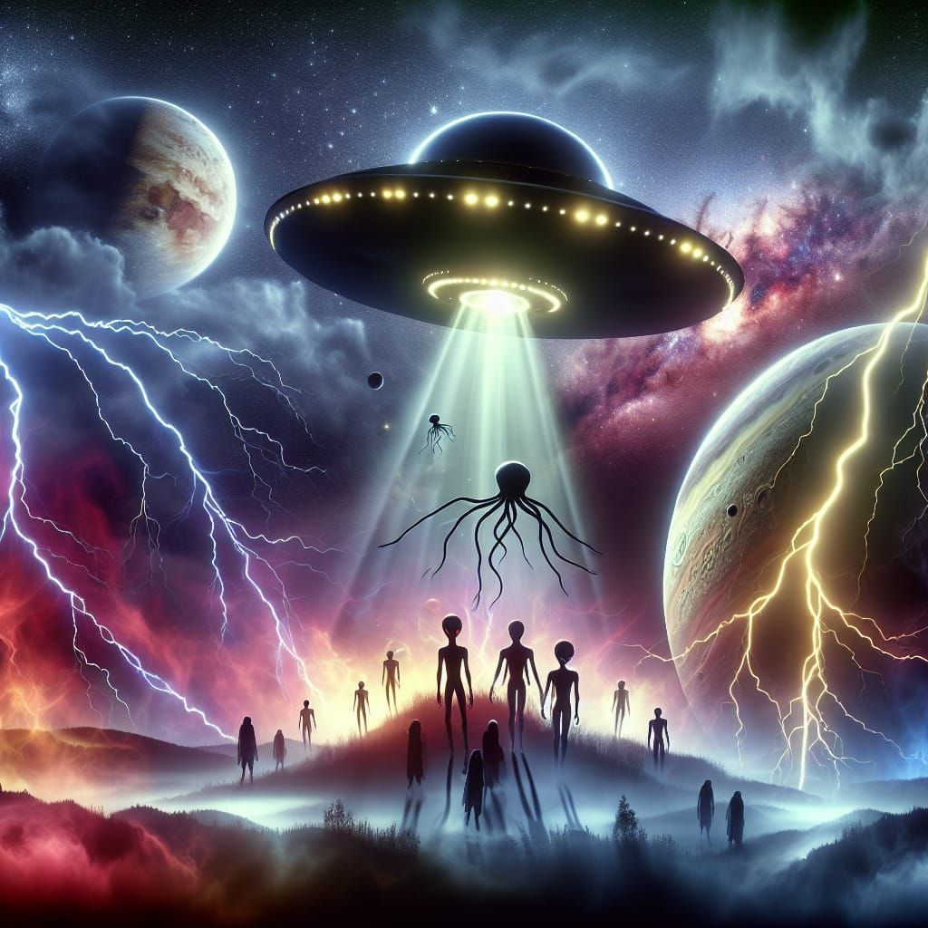 Psychedelic UFO and Aliens over Jupiter