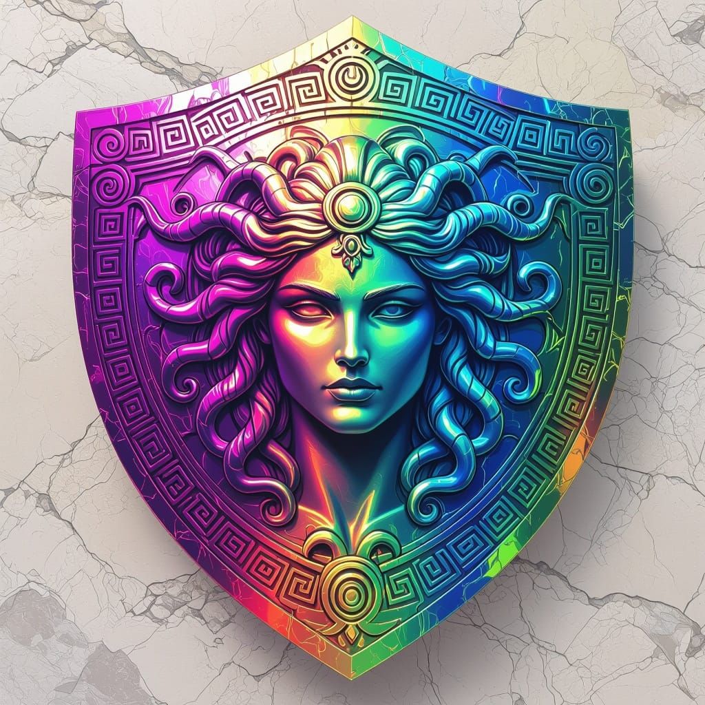 Rainbow Shield with Medusa's Face in Fantasy Art Style
