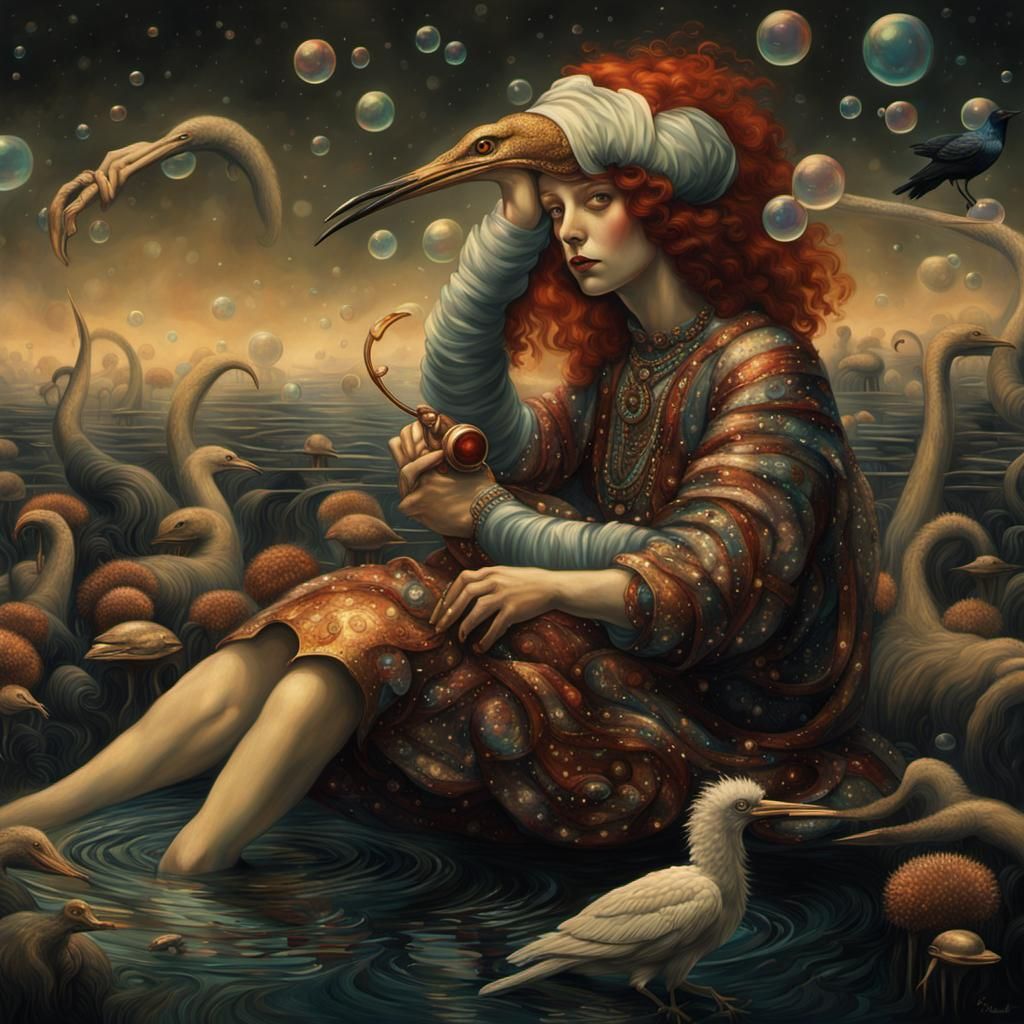 Red-Haired Creature Playing Tambourine in Klimt Style