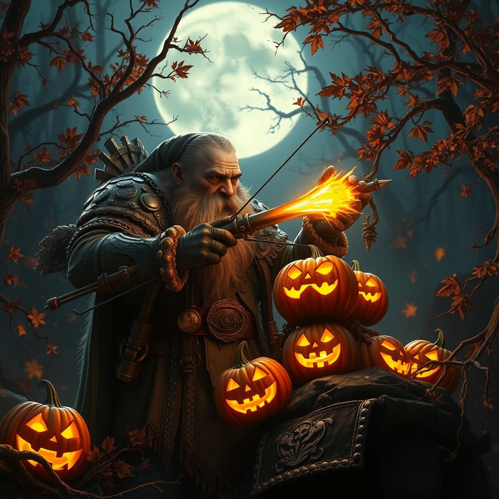 Dwarf Fires Crossbow at Halloween Pumpkins